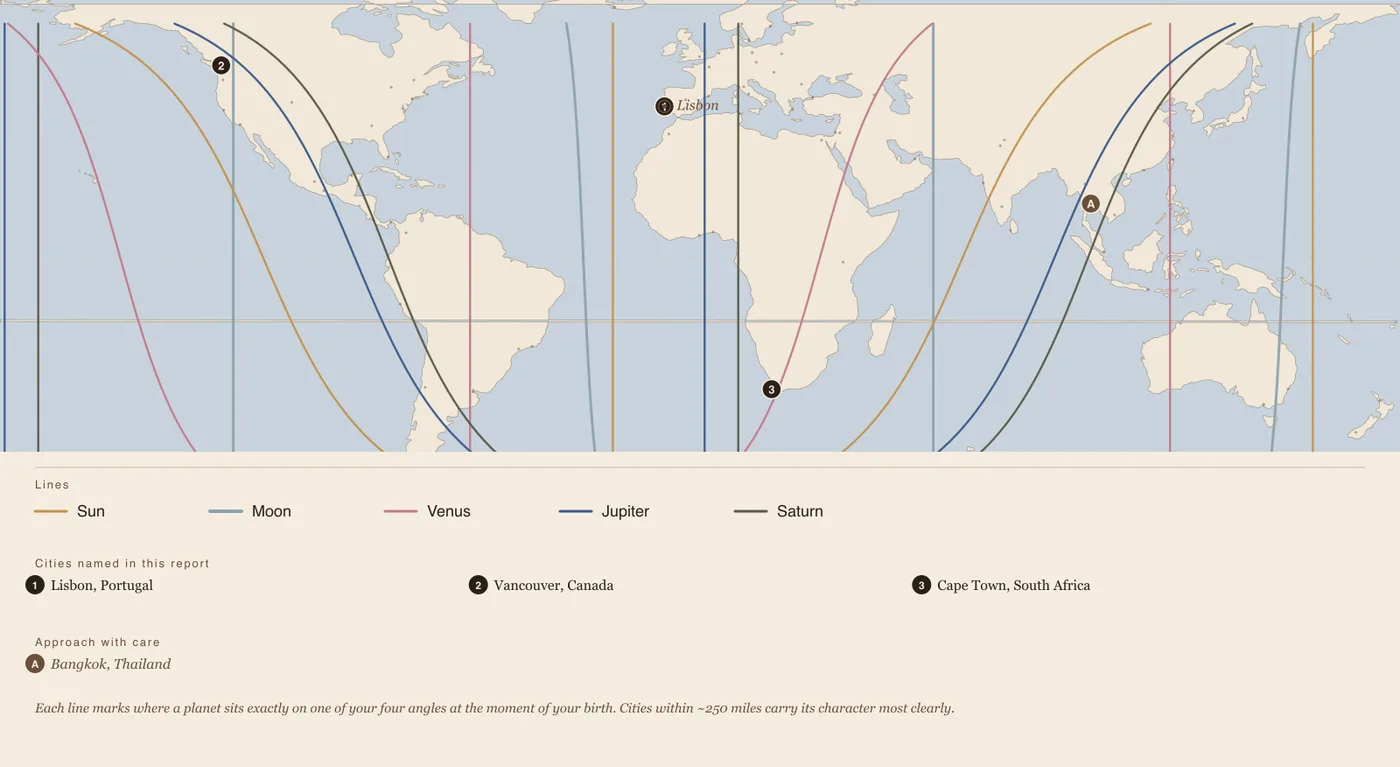 Sample report map plate — planetary lines across a parchment world map with numbered power cities and a legend