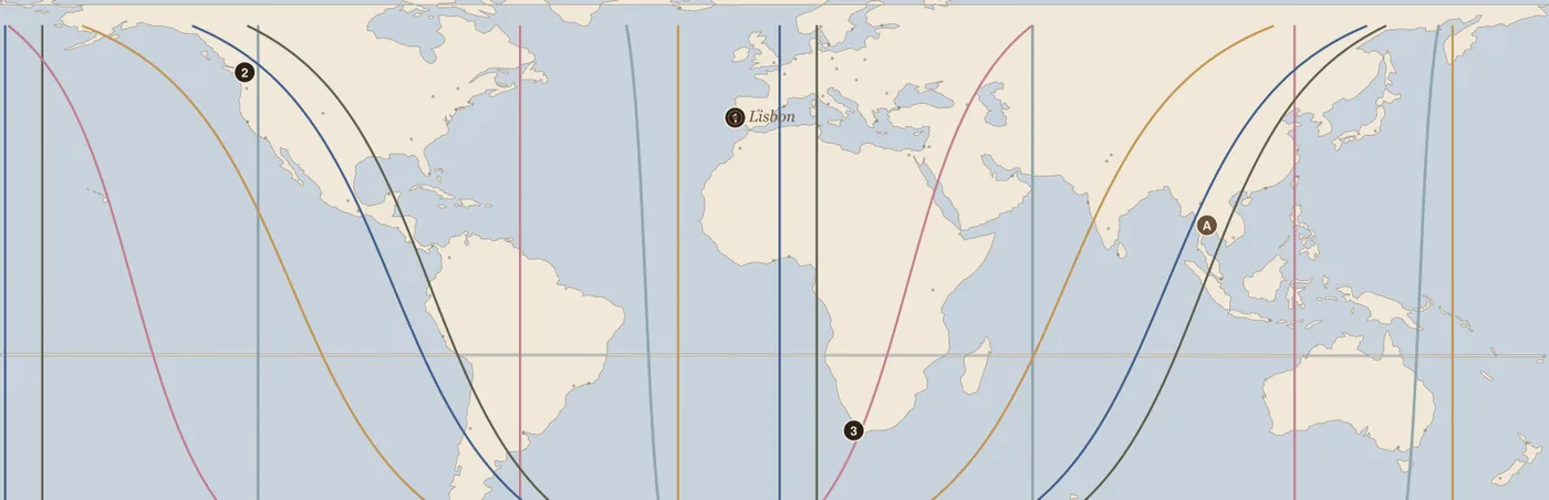A sample astrocartography map — coloured planetary lines crossing a parchment world map