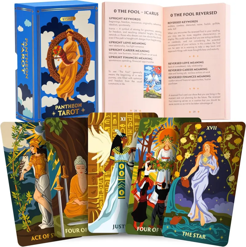 Wyspell Pantheon Tarot — box and sample cards inspired by ancient gods from world mythologies