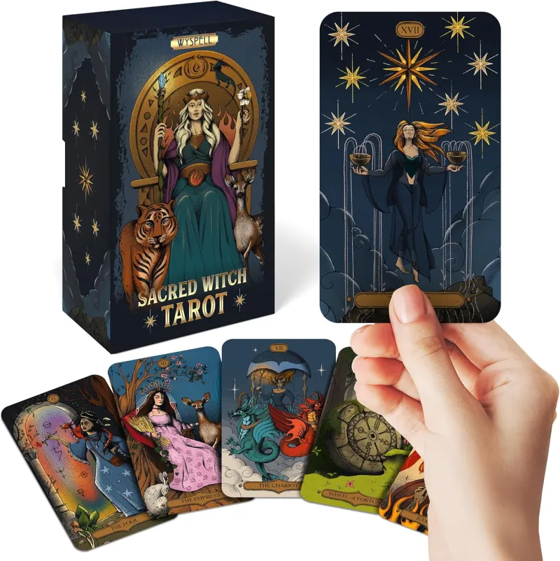 Wyspell Sacred Witch Tarot — dark blue box and sample cards with folkloric mythical artwork