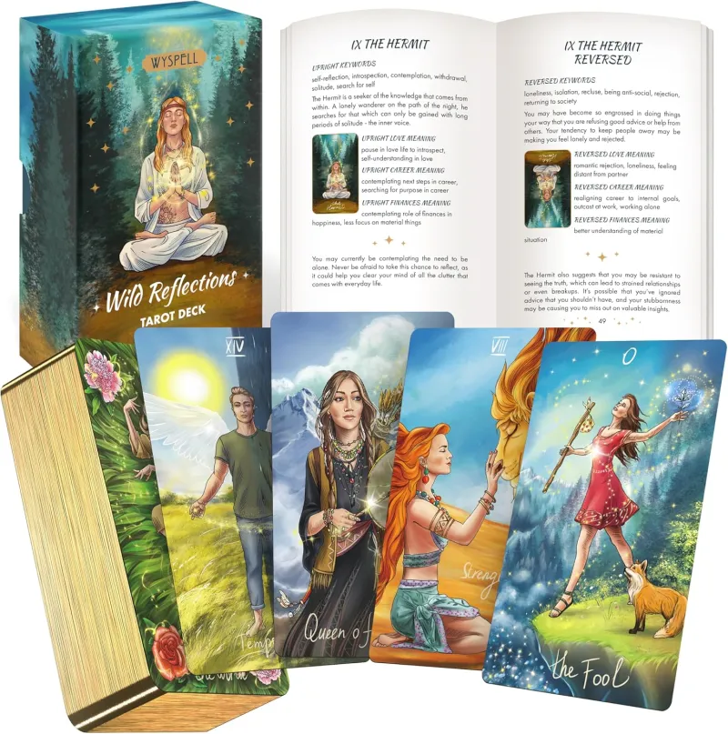 Wyspell Wild Reflections Tarot — box, guidebook, and sample cards with nature-inspired artwork