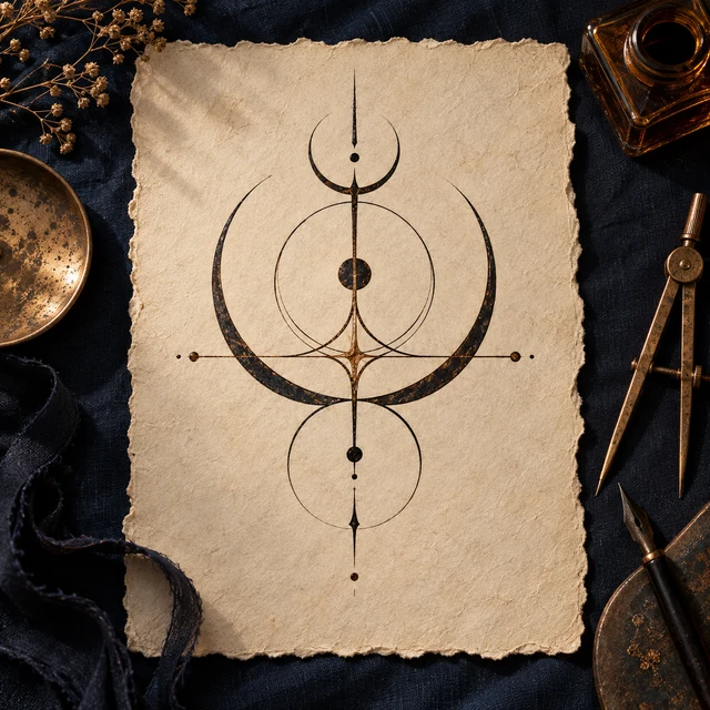 An ink sigil on handmade paper beside copper drawing tools